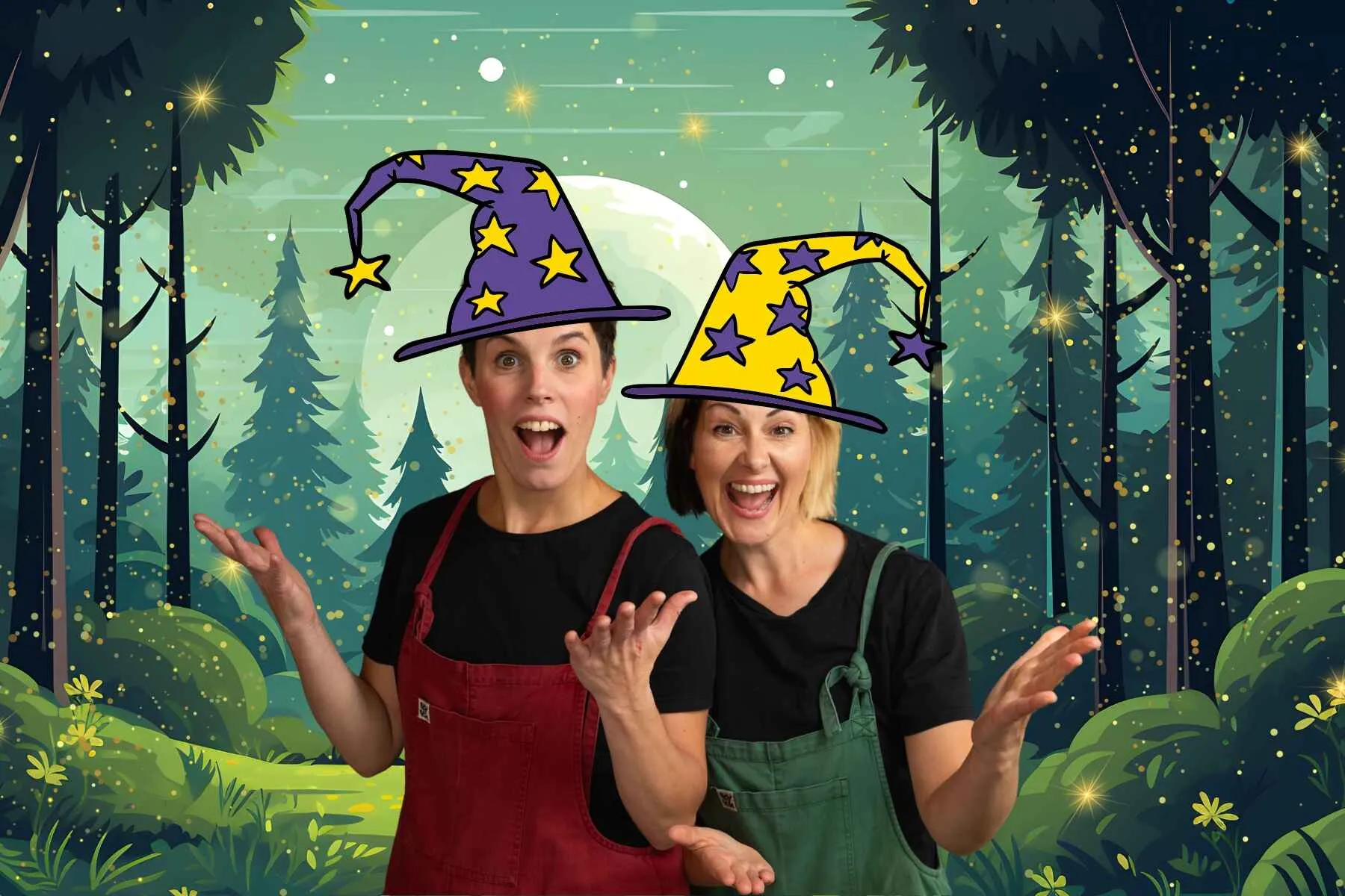 Janet and Cassie from Story craft theatre, wizard hats have been added, background of trres in a forest.